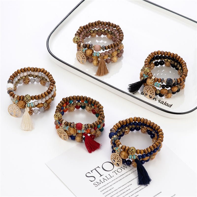 Ensemble de bracelets à perles avec breloque arbre de vie Boho - Jaune - Lot de 4