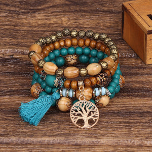 Ensemble de bracelets à perles avec breloque arbre de vie Boho - Turquoise - Ensemble de 4