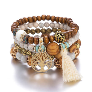 Ensemble de bracelets à perles avec breloque arbre de vie bohème - Blanc - Lot de 4