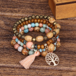 Ensemble de bracelets à perles avec breloque arbre de vie bohème - Rose - Lot de 4