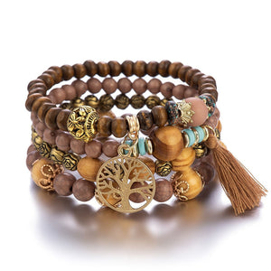 Ensemble de bracelets à perles avec breloque arbre de vie bohème - Marron - Lot de 4