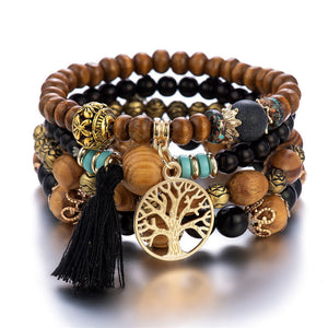 Ensemble de bracelets à perles avec breloque arbre de vie Boho - Noir - Ensemble de 4