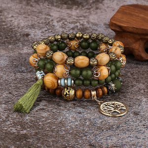 Ensemble de bracelets à perles avec breloque arbre de vie bohème - Olive - Lot de 4