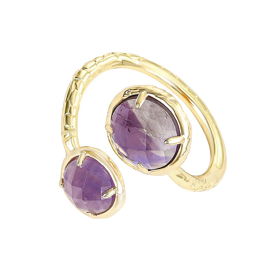 Twin Soul Ring Amethyst – goldfarbener Ring mit zwei facettierten Amethysten