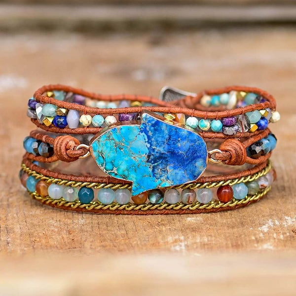 Blaue Hand der Fatima Türkis Wickelarmband | Boho